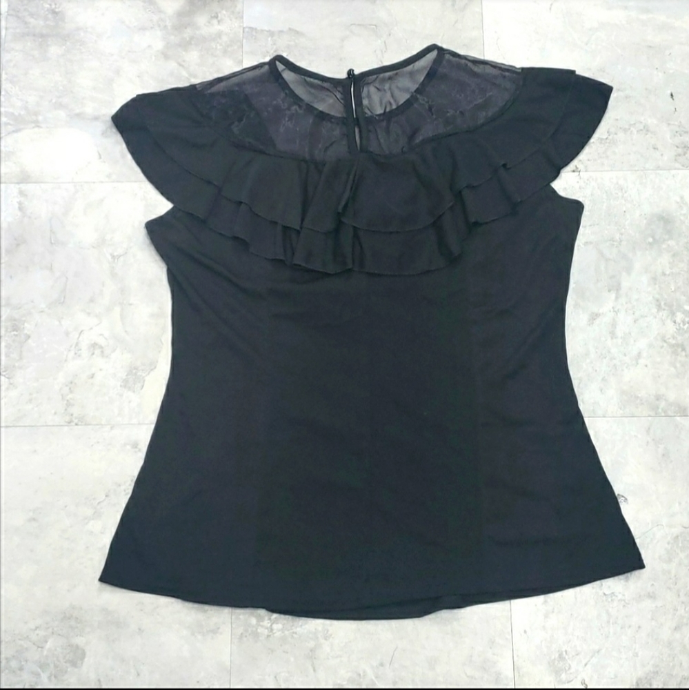 #10206-5 Women’s Plus Mesh Panel Tiered Trim Tee,size 3XL,Black - Picture 7 of 8